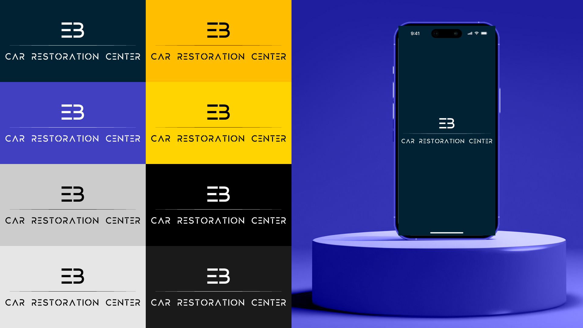 نشان EB و CAR RESTORATION CENTER در ترکیب‌های رنگی
