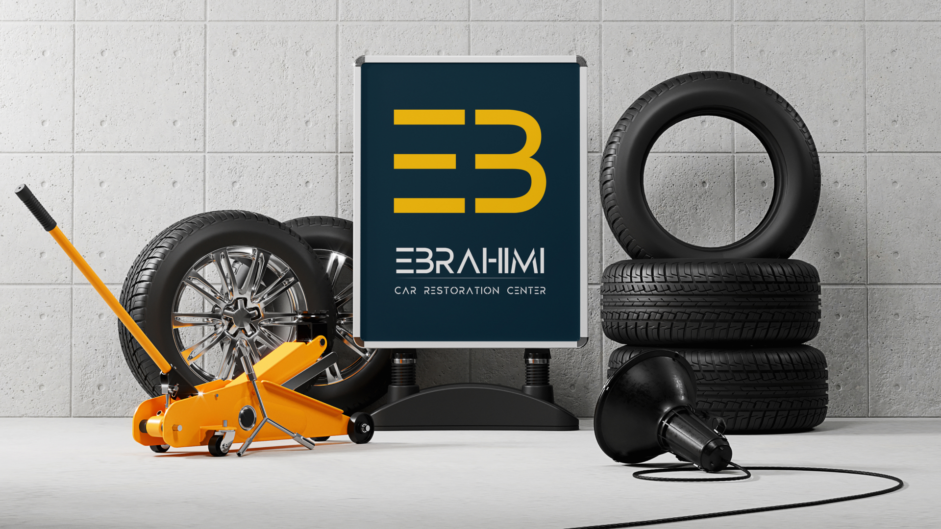 تابلوی EBRAHIMI در فضای فروش و بازسازی خودرو